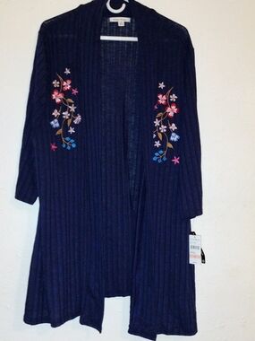 Studio Works Navy Open-Front Cardigan with Floral Embroidery